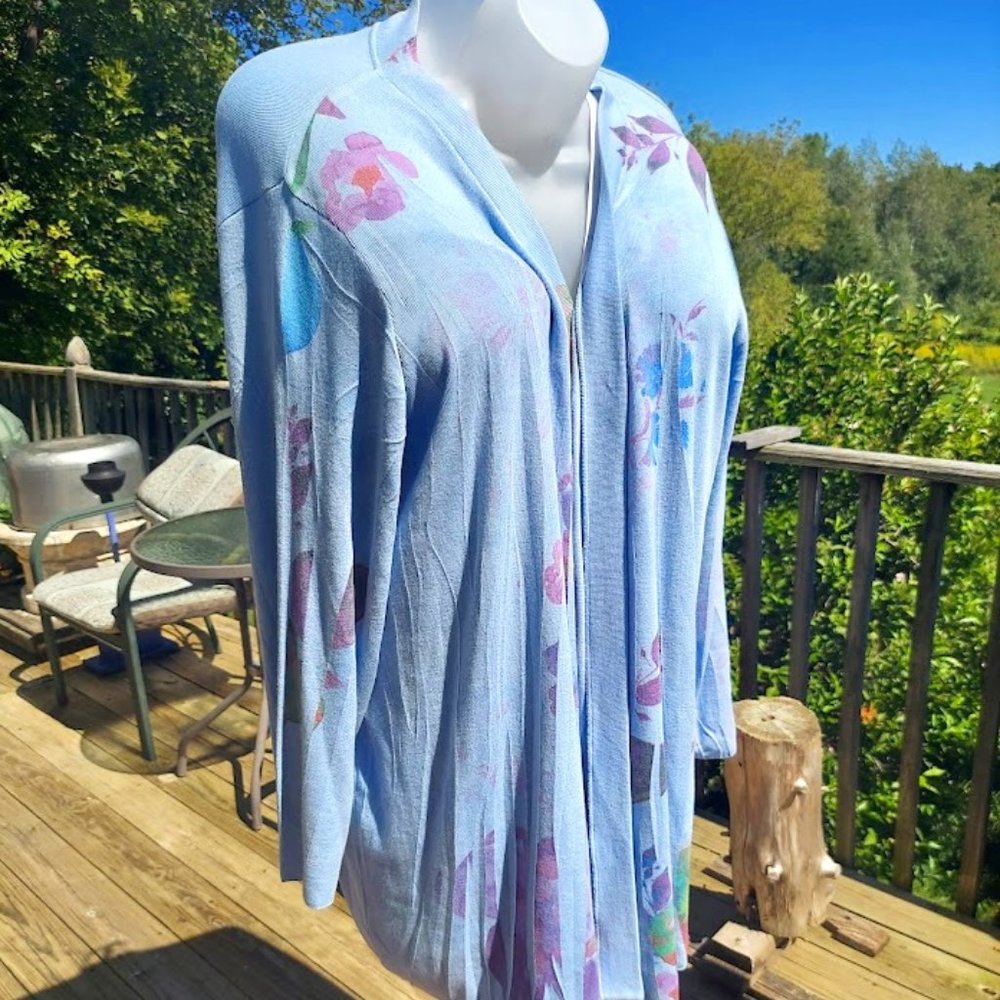Silhouettes Plus Size 3x Open Cardigan - Cotton Blend Floral Print Blue Sweater